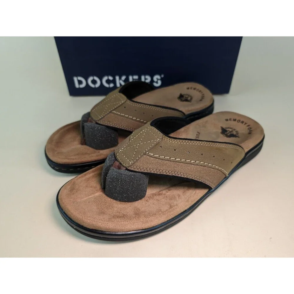 Dockers Sandals Mens 12 M Laguna Flip Flop Dark Tan Memory Foam Insole Shoes NEW - Picture 4 of 11